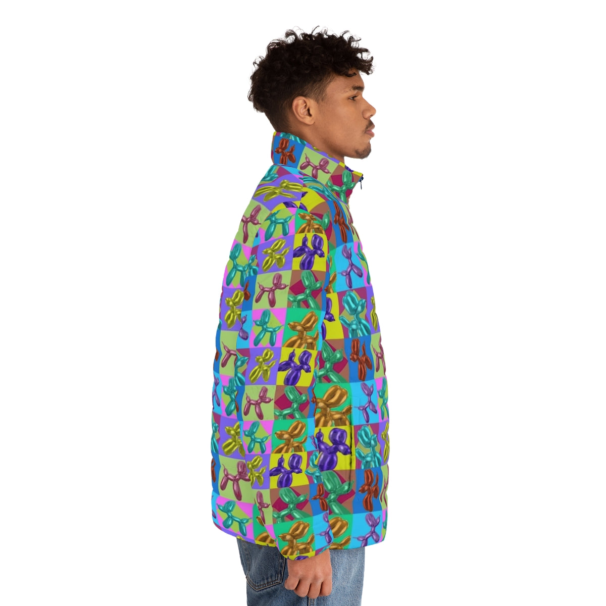 Pop Art Balloon Dogs Puffer Jacket featuring colorful balloon animal designs - men side right