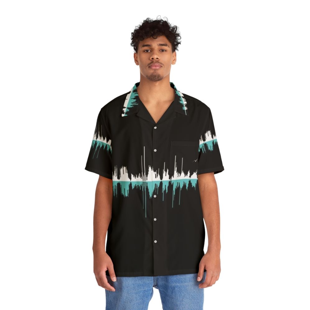 Music city black Hawaiian shirt with soundwave and city landscape graphic - People Front