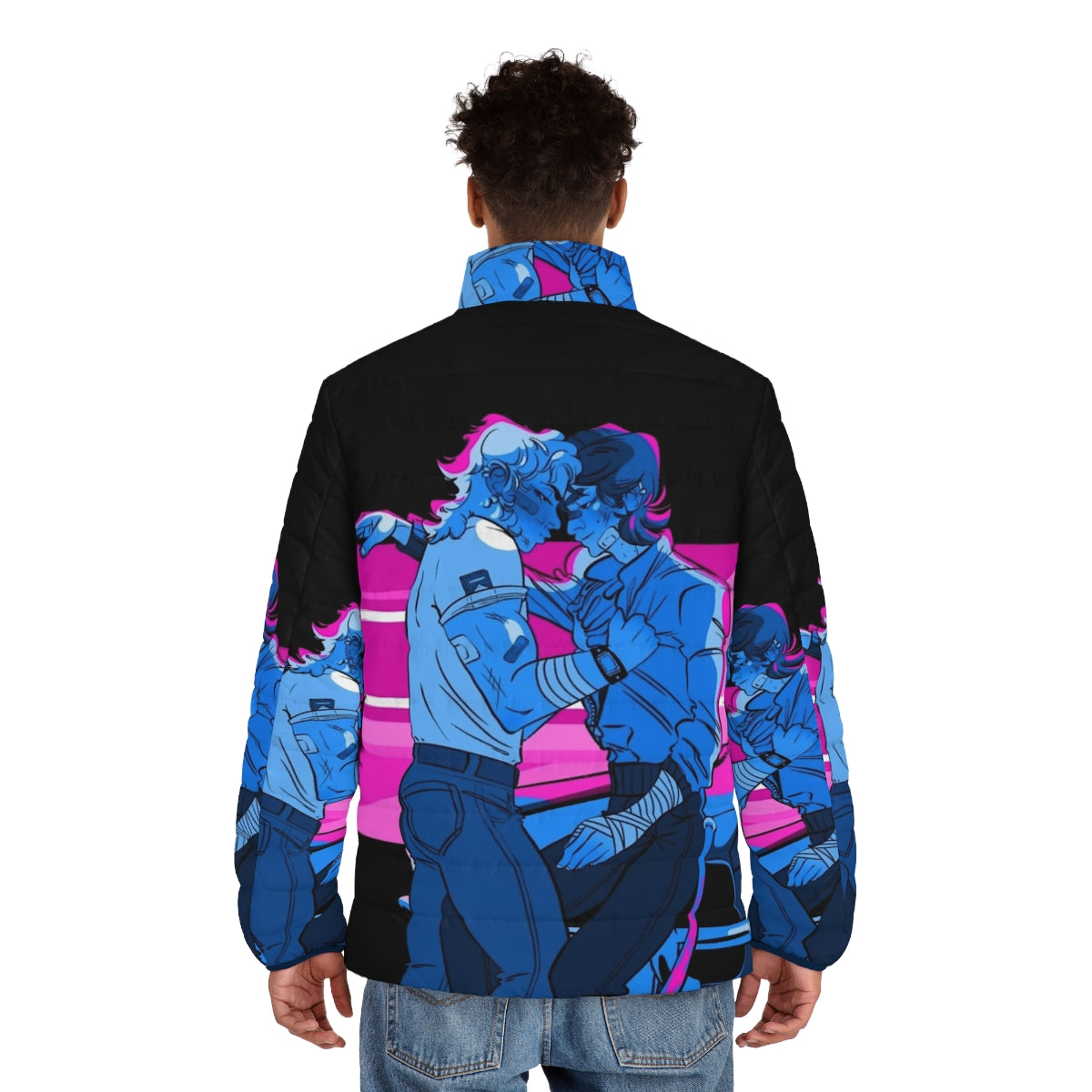 Harringrove-inspired blue puffer jacket with sunset design - men back