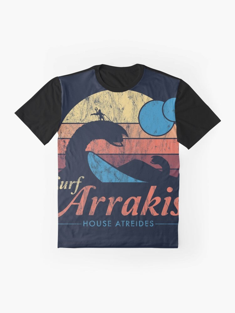 Vintage distressed Dune sci-fi graphic t-shirt featuring Arrakis, sandworm, and spice - Flat lay