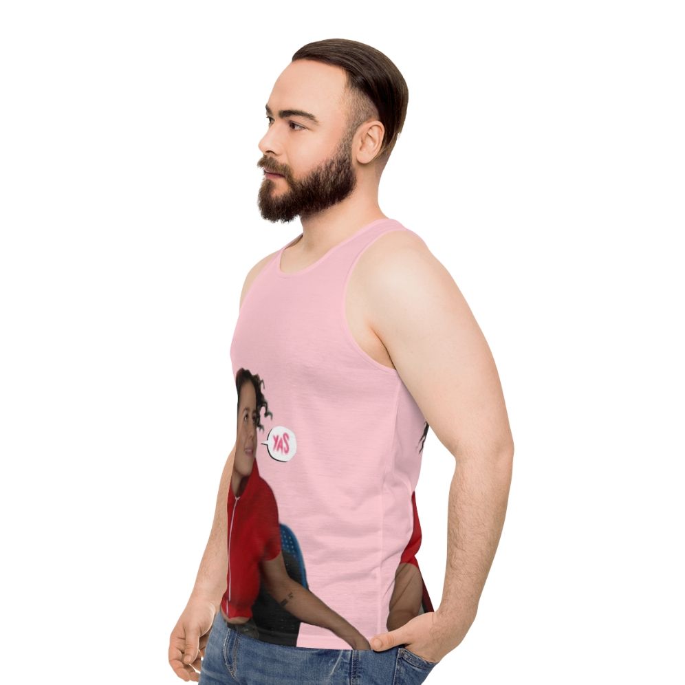 Broad City inspired unisex tank top with 'Yas Queen' text - men side