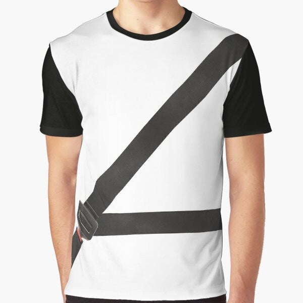 Fake seatbelt graphic t-shirt design with the words "Stay Safe, Live Dangerously"