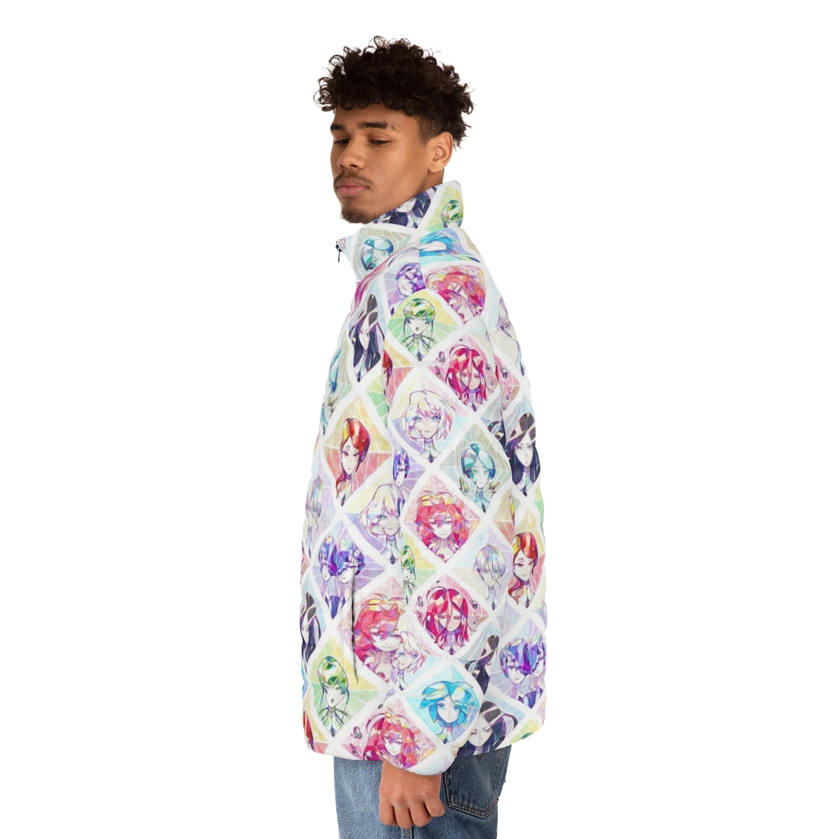 Houseki No Kuni inspired puffer jacket featuring luminous gem designs - men side left