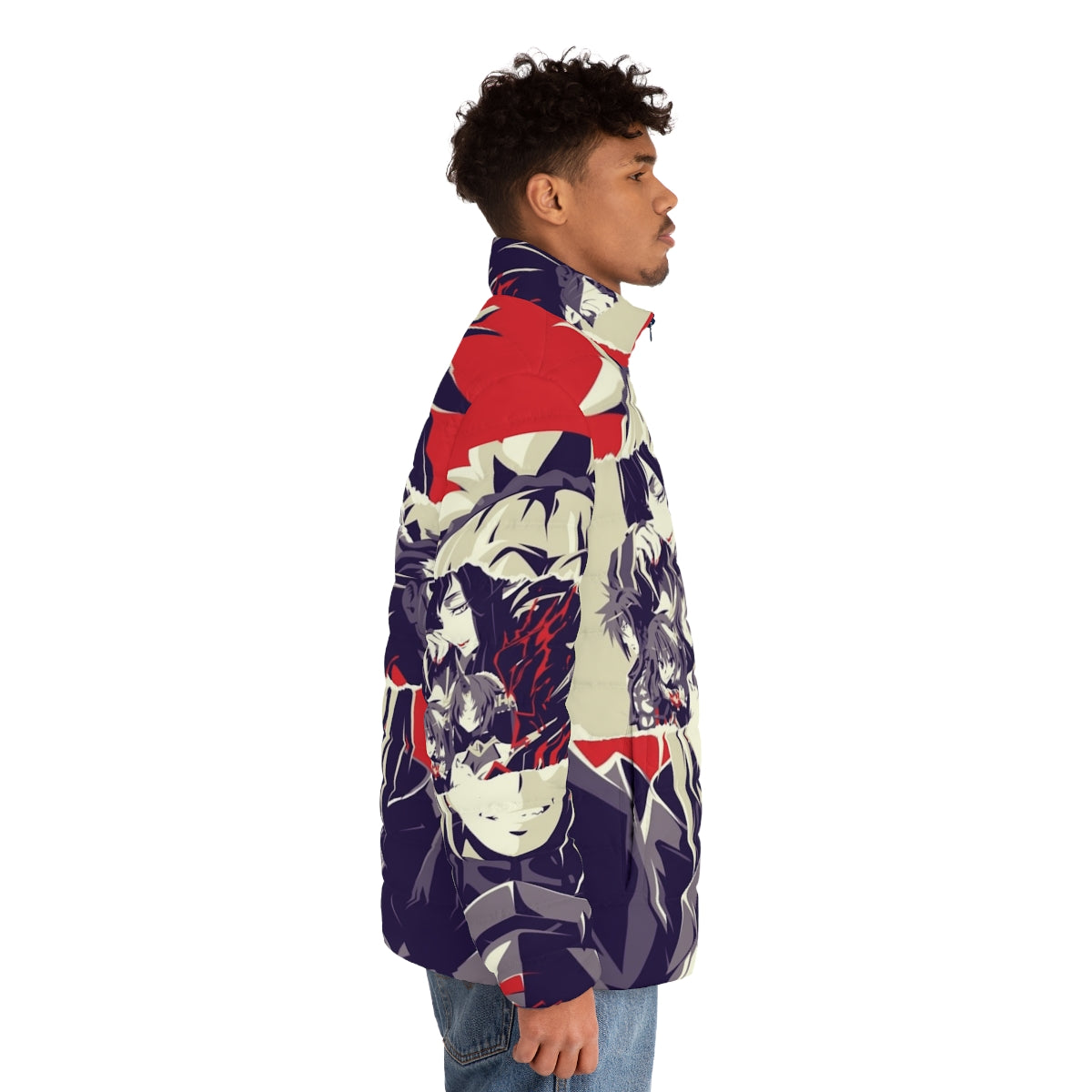 Red puffer jacket featuring characters from the Fate Apocrypha anime series - men side right