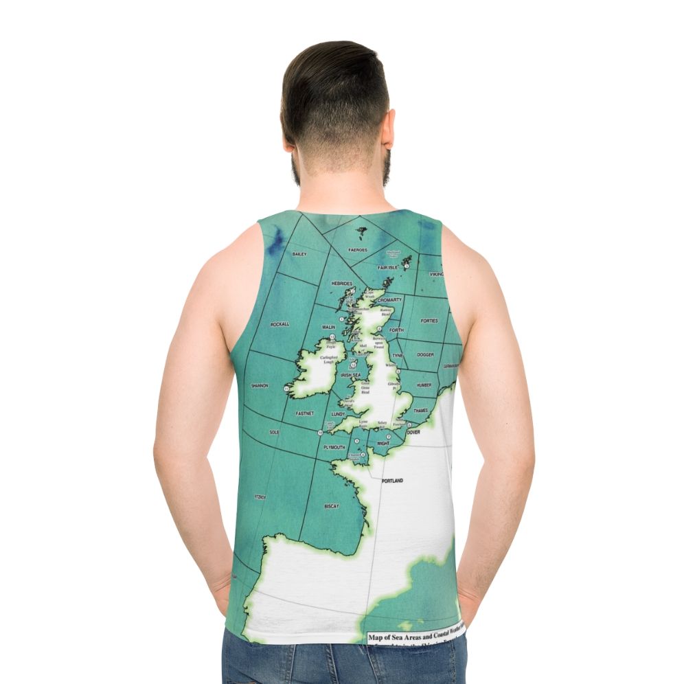 Unisex tank top featuring a shipping forecast map design - men back