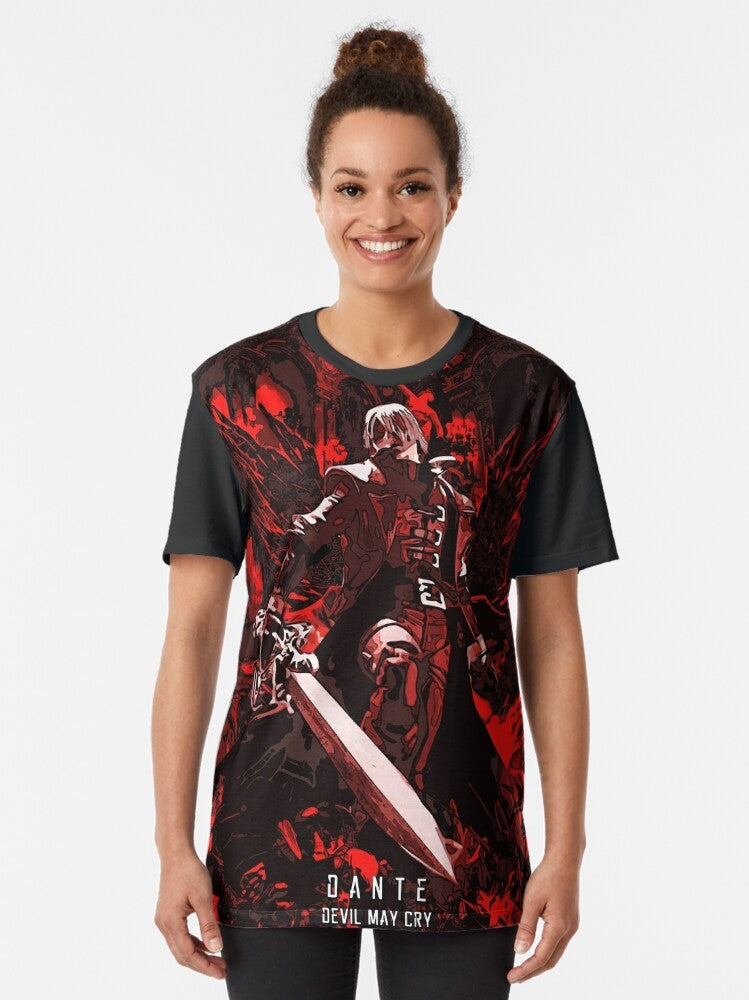 Classic Dante from Devil May Cry graphic t-shirt featuring the character Dante and abstract design - Women