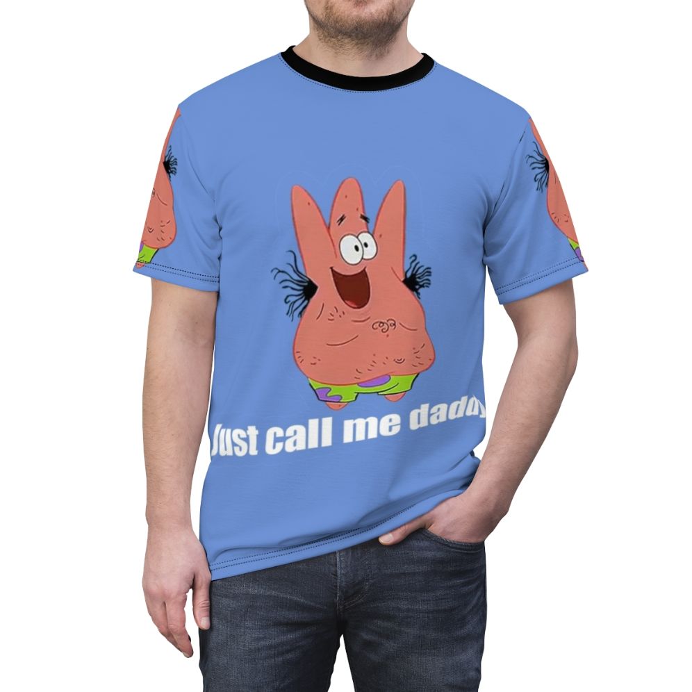 Vibrant AOP t-shirt featuring Patrick Star from the popular Spongebob Squarepants cartoon. - men front