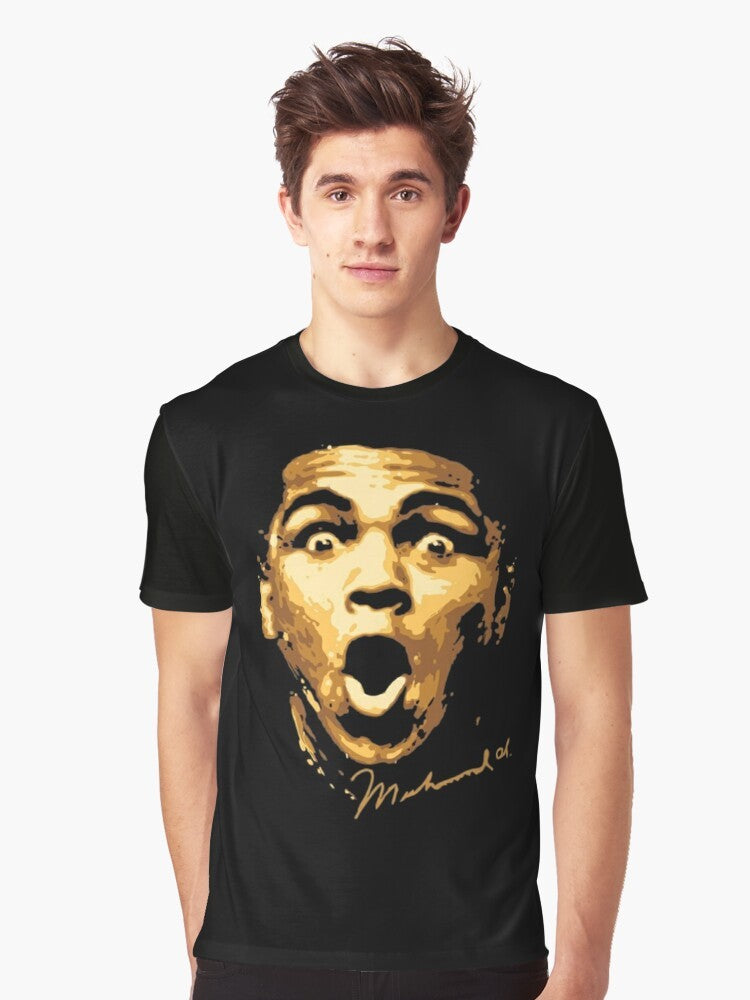 Vintage-style graphic t-shirt featuring a portrait of legendary boxer Muhammad Ali with motivational boxing-themed design - Men