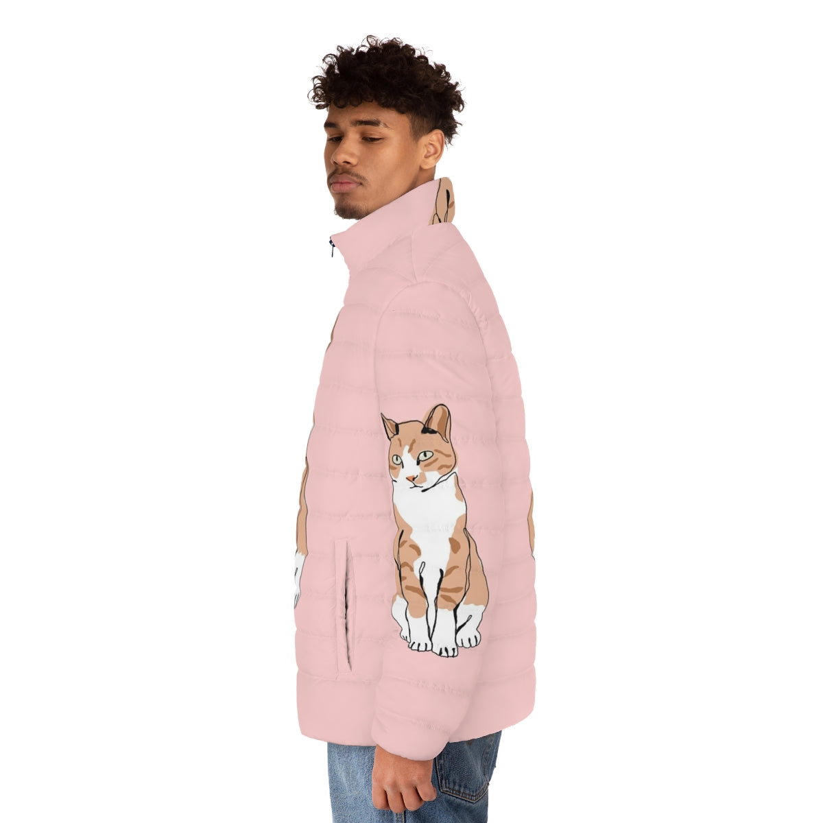 Adorable cat wearing a fashionable puffer jacket - men side left