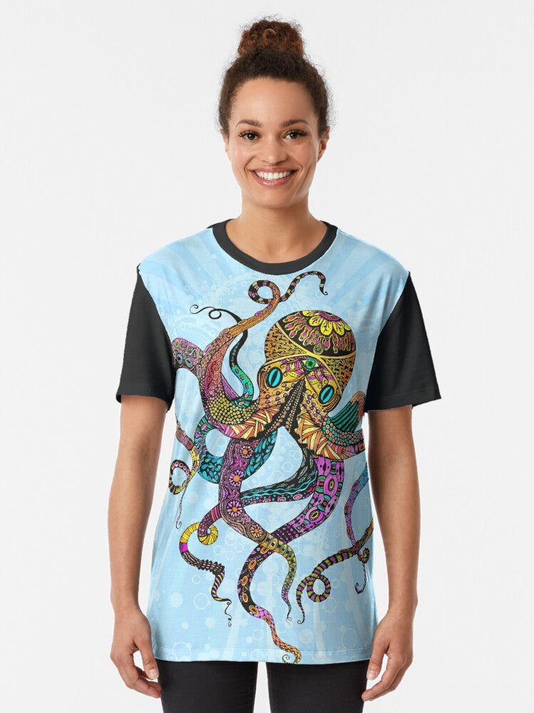 Colorful graphic design of an electric octopus with psychedelic patterns, waves, and bubbles on a t-shirt. - Women