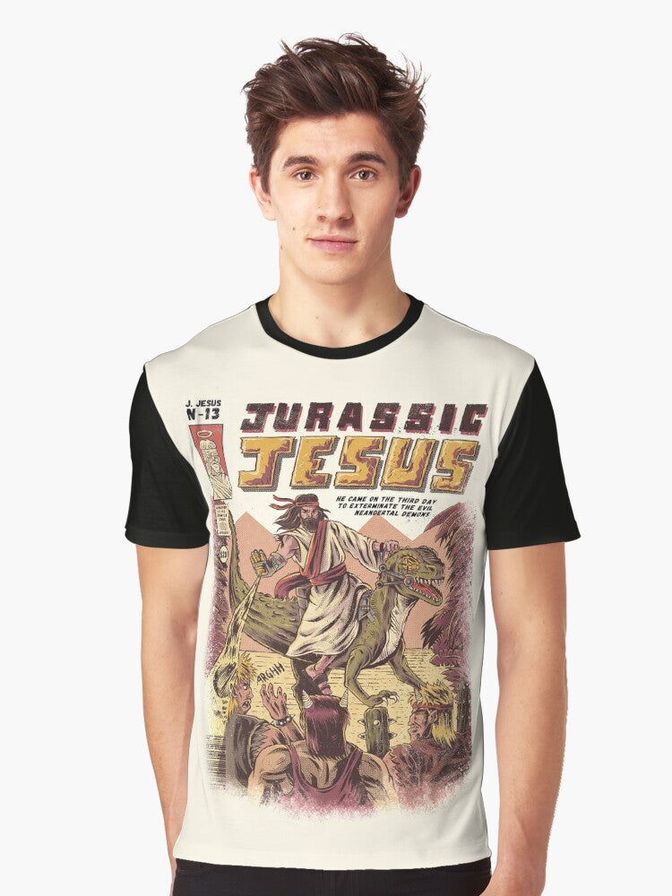 JURASSIC JESUS Funny Graphic T-Shirt featuring dinosaurs and Jesus - Men