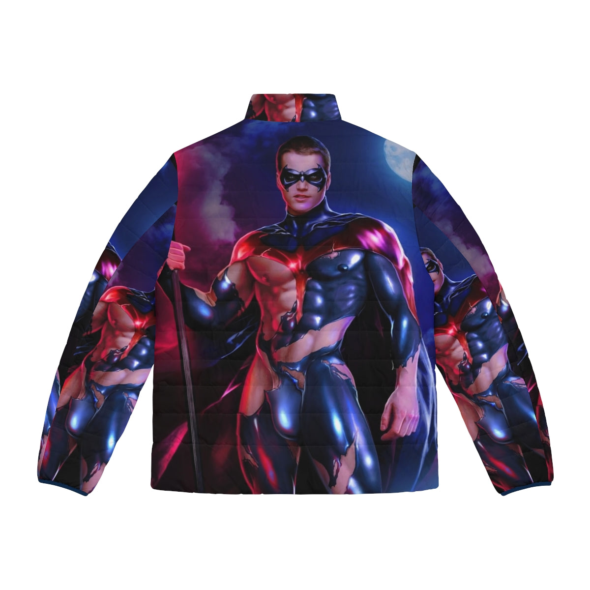 Red puffer jacket with superhero-inspired design - Back