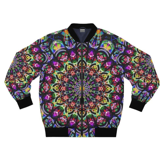 Colorful psychedelic mandala design printed on a bomber jacket