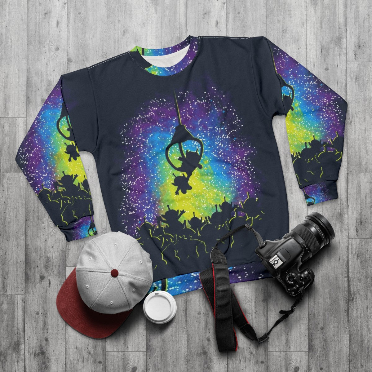 Master Sweatshirt with vibrant space and alien design - flat lay