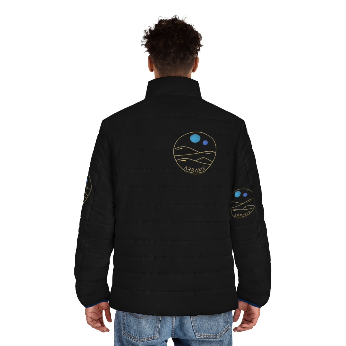 Dune-inspired Arrakis puffer jacket with desert landscape and two moons - men back