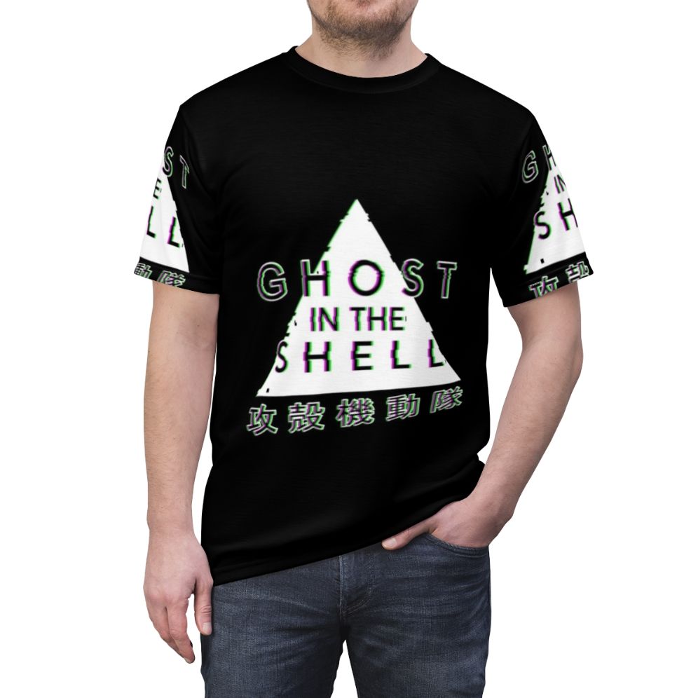 A high-quality t-shirt featuring a glitchy, cyberpunk-inspired design inspired by the anime classic Ghost in the Shell. - men front