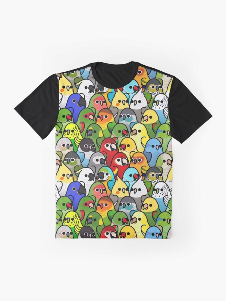 Colorful bird graphic t-shirt featuring a too many birds design - Flat lay