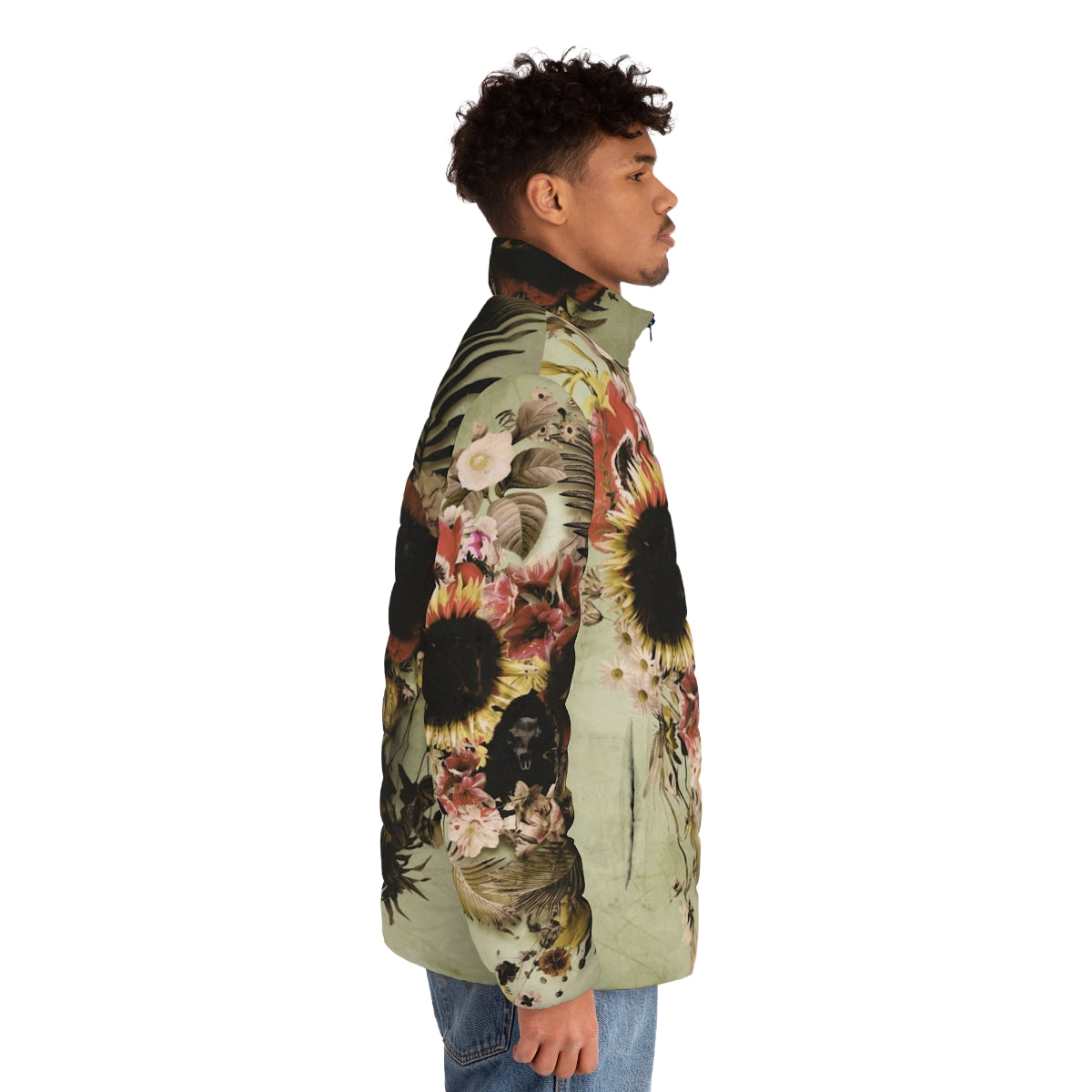 Garden Skull Light Puffer Jacket featuring floral skull art design - men side right