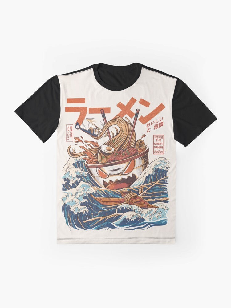 Anime-inspired graphic t-shirt with a retro kaiju wave and ramen bowl design - Flat lay