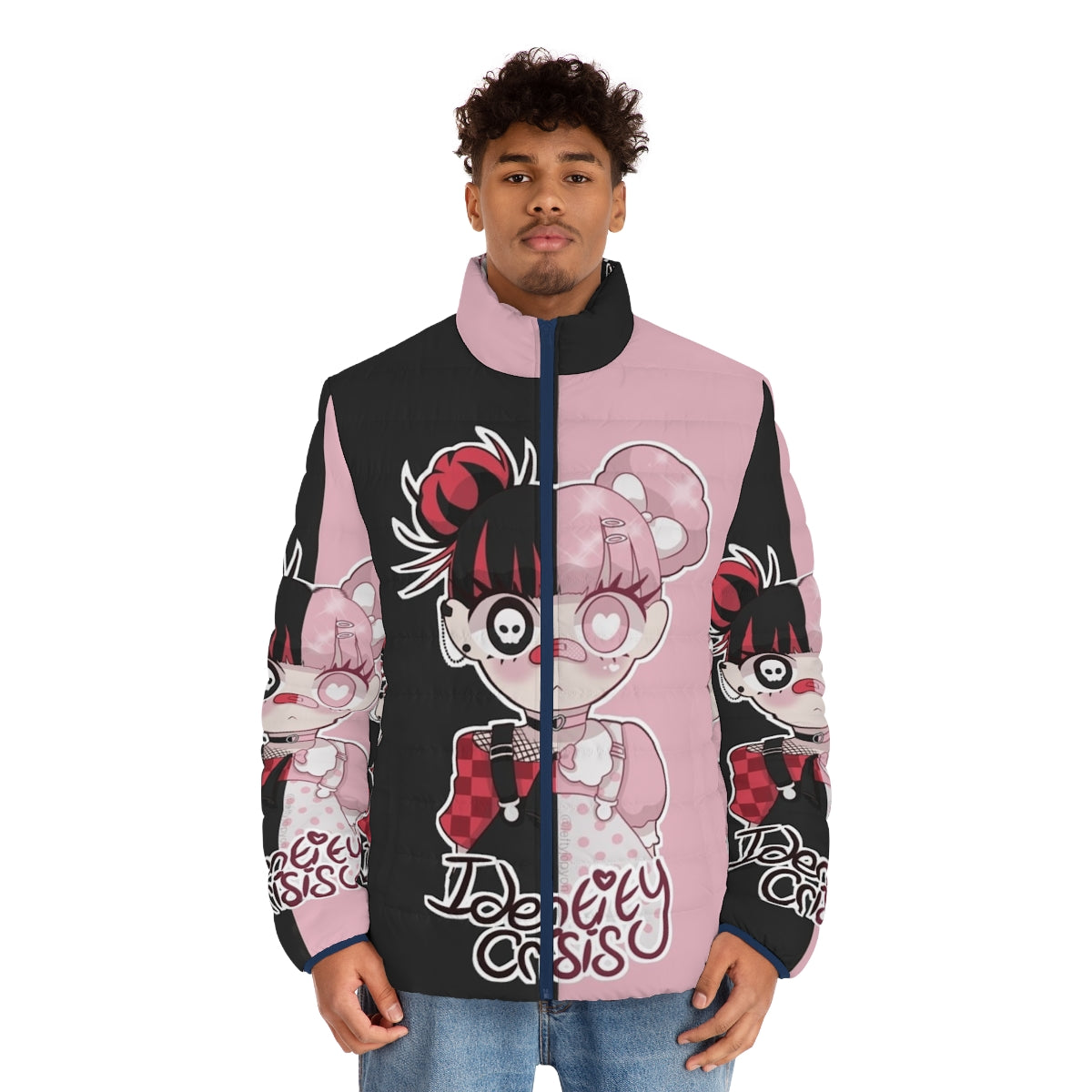 Anime inspired puffer jacket with kawaii, yami kawaii, and yume kawaii design elements - men front