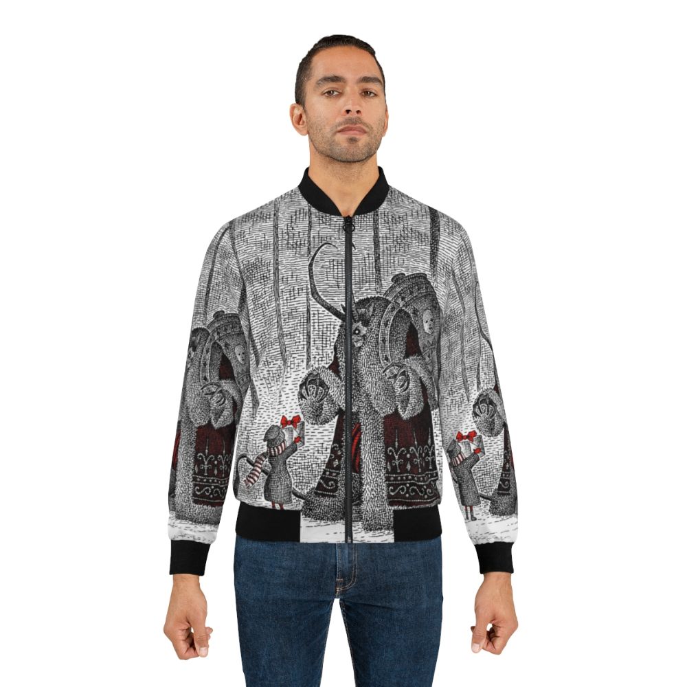 Vintage-style bomber jacket with Krampus, a mythical Christmas creature, on the front. - Lifestyle