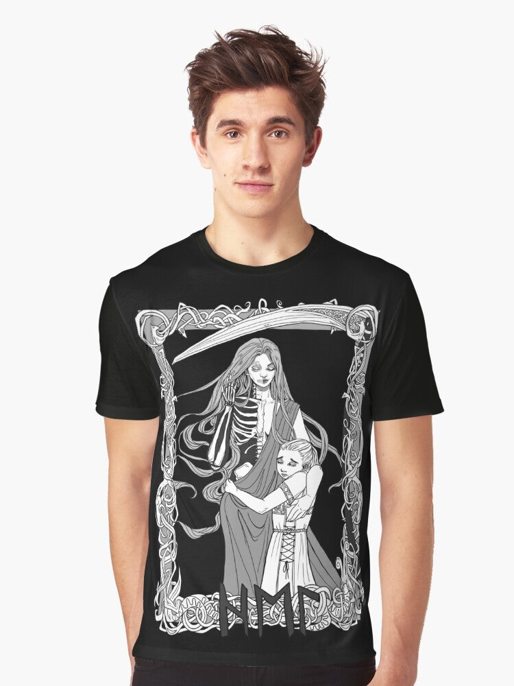 Hel, the Norse goddess of the underworld, depicted on a black graphic t-shirt - Men