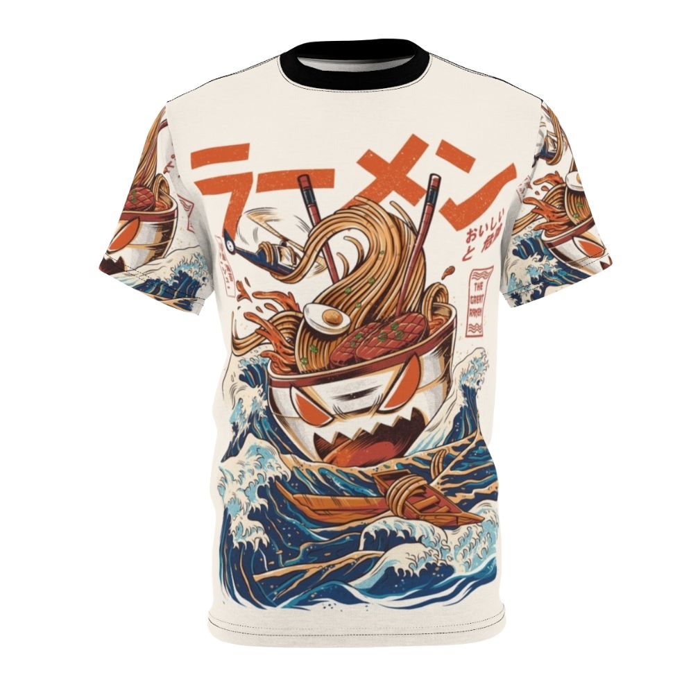 Retro-style t-shirt design featuring an angry monster ramen bowl with Japanese-inspired wave pattern