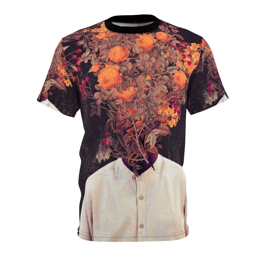 Vintage-style collage art t-shirt featuring a surreal floral digital design with botanical elements, leaves, and a head in a dreamy, fantasy style.