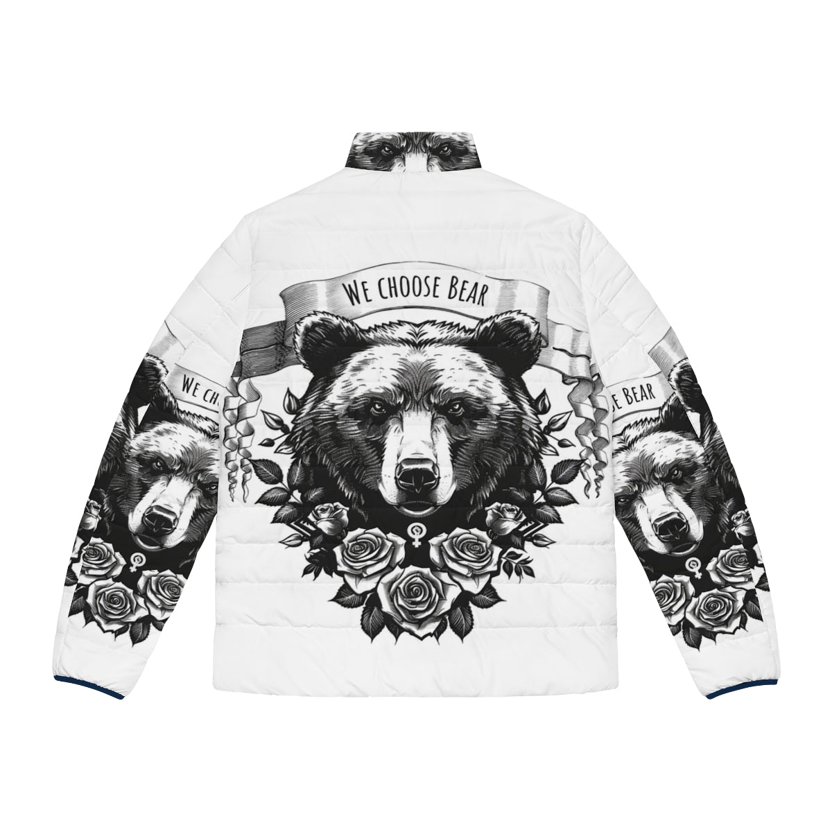 A warm and cozy puffer jacket featuring a bear design, perfect for the feminist 4B woman. - Back