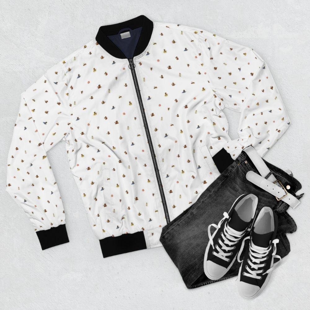 Monkey King-inspired bomber jacket with playful monkey print design - Flat lay