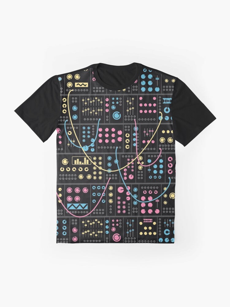 Modular synthesizer graphic t-shirt for electronic music enthusiasts, synth players, and music producers. - Flat lay