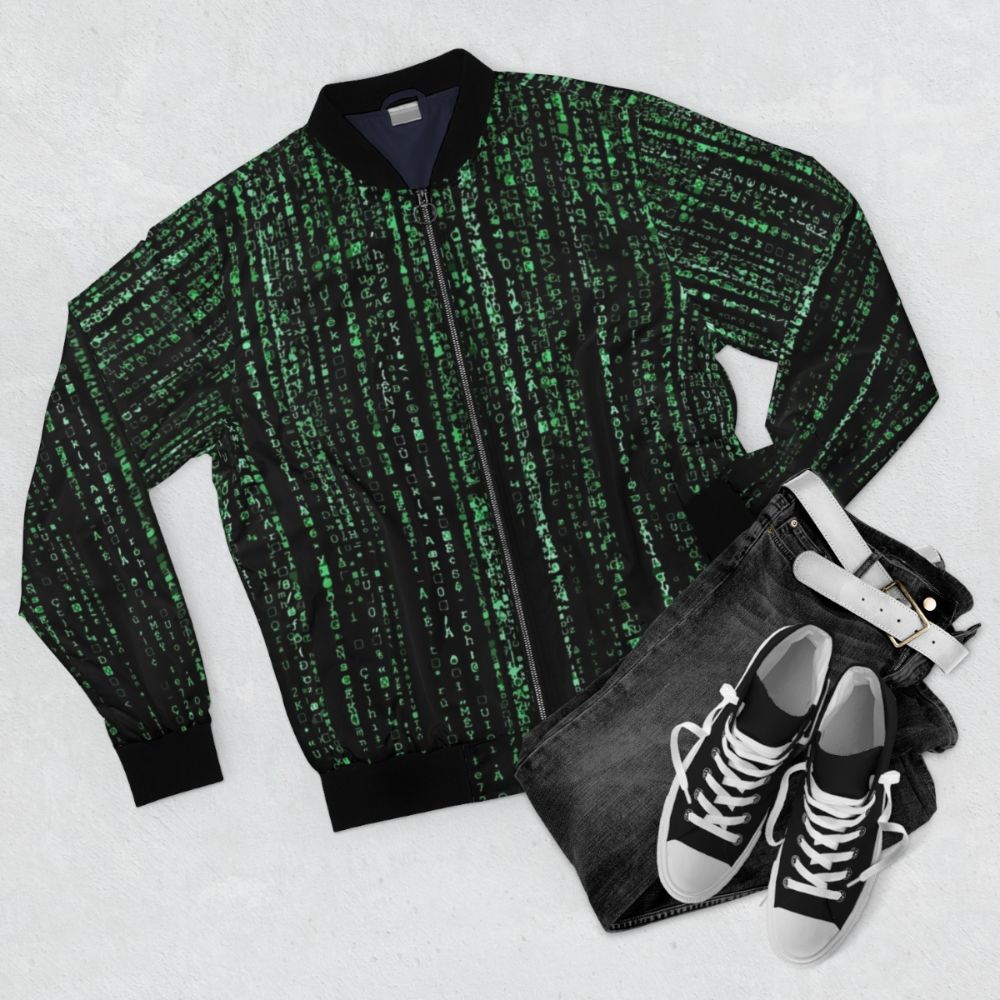 The Matrix Code Cyberpunk Bomber Jacket with Neo, Morpheus, and Trinity graphics - Flat lay