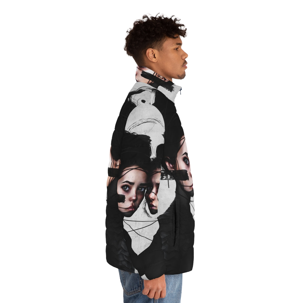 Gemini puffer jacket with portrait, realism, and pop surrealism design - men side right