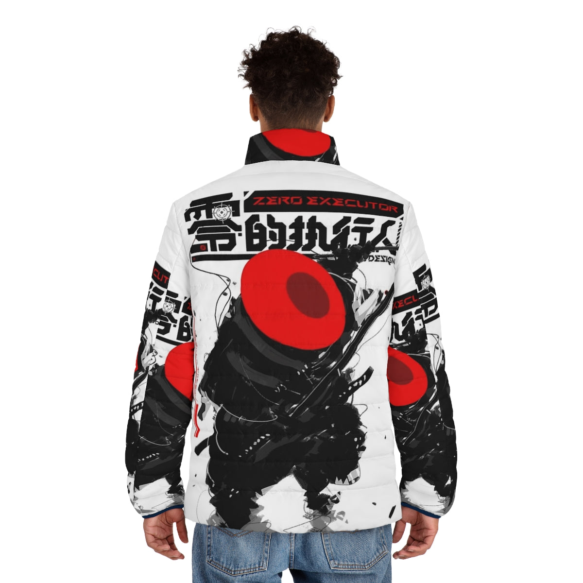 Red puffer jacket with samurai and cyberpunk inspired design - men back