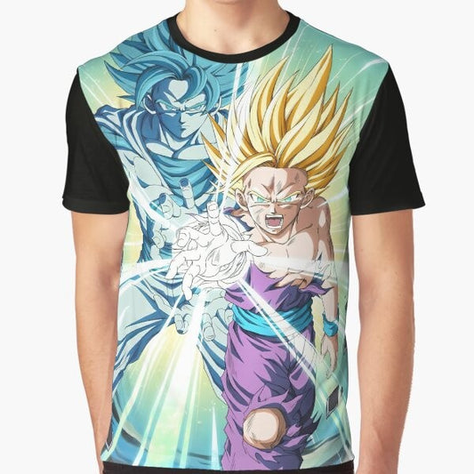 Graphic t-shirt featuring father and son performing the Kamehameha attack from the Dragon Ball Z anime series