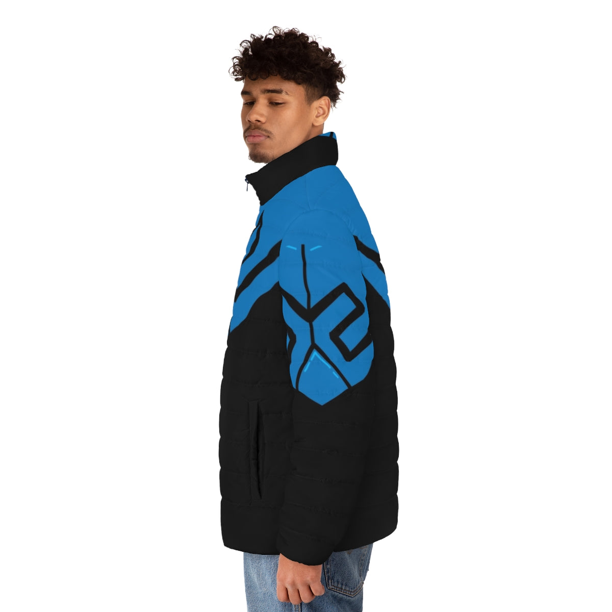 Blue Beetle superhero armor puffer jacket with DC Comics character design - men side left