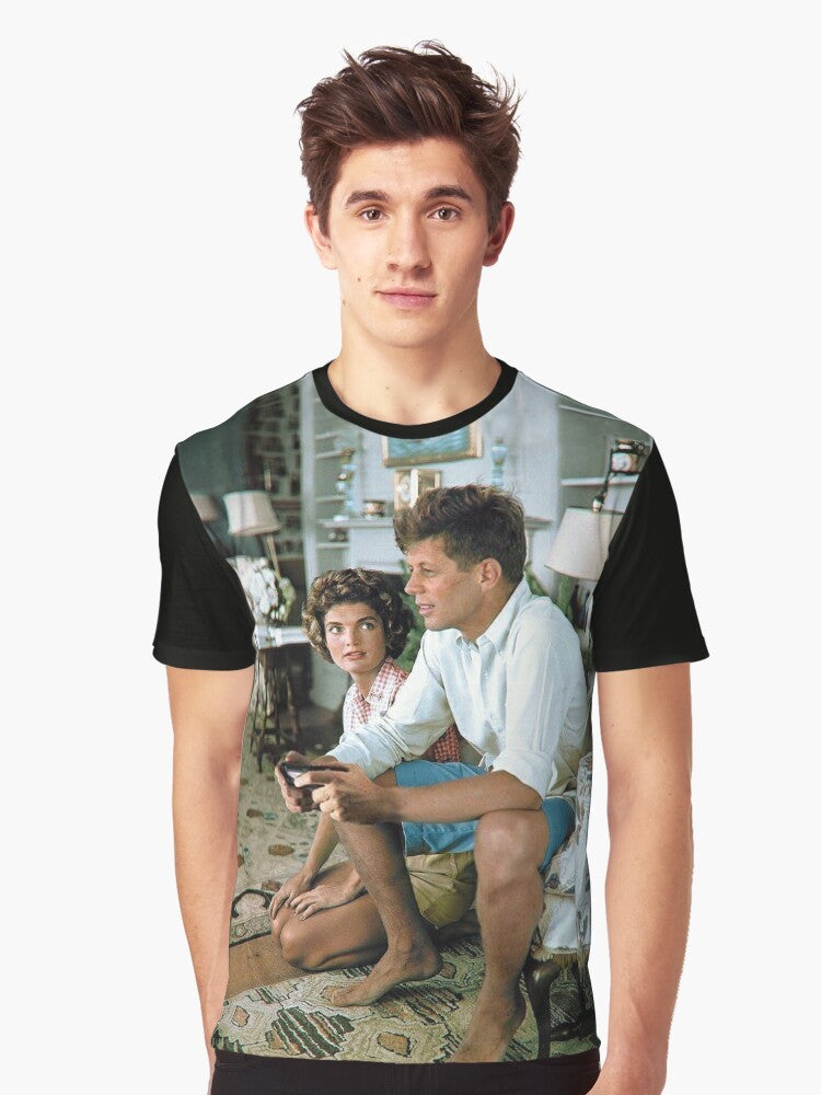 "Graphic tee featuring JFK playing on a PS4 controller with 'Press F' text" - Men