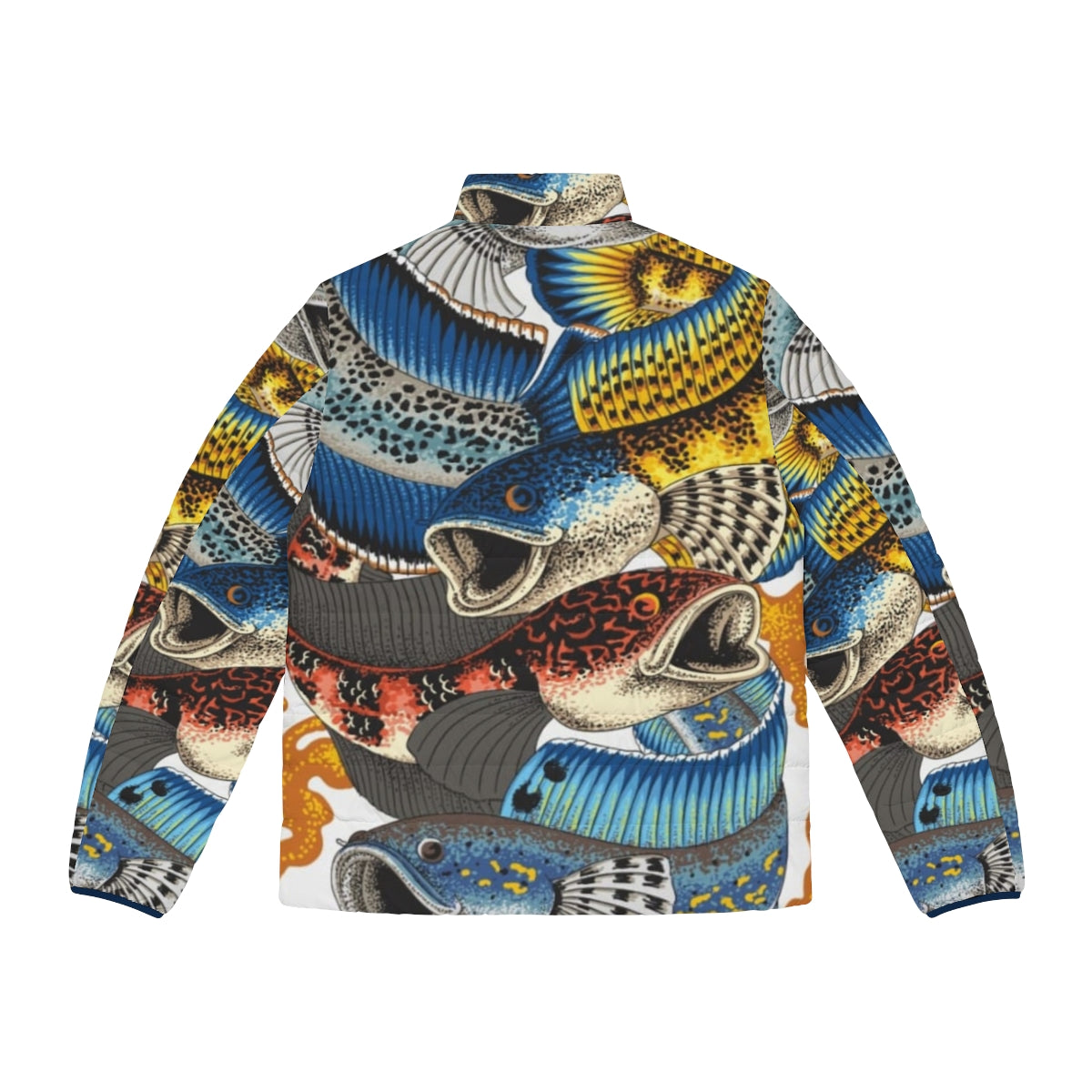 Channa Koi Puffer Jacket featuring a vibrant Japanese-inspired koi fish design - Back