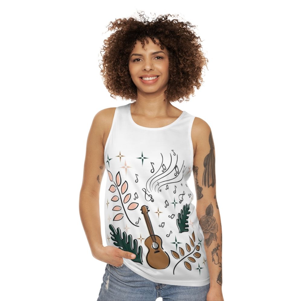 Unisex ukulele tank top with nature-inspired design - women