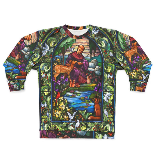 St Francis stained glass design on a green sweatshirt