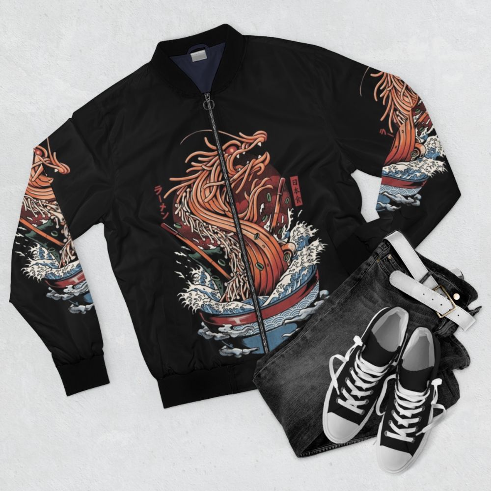 Vibrant illustration of a dragon emerging from a ramen bowl on a bomber jacket - Flat lay