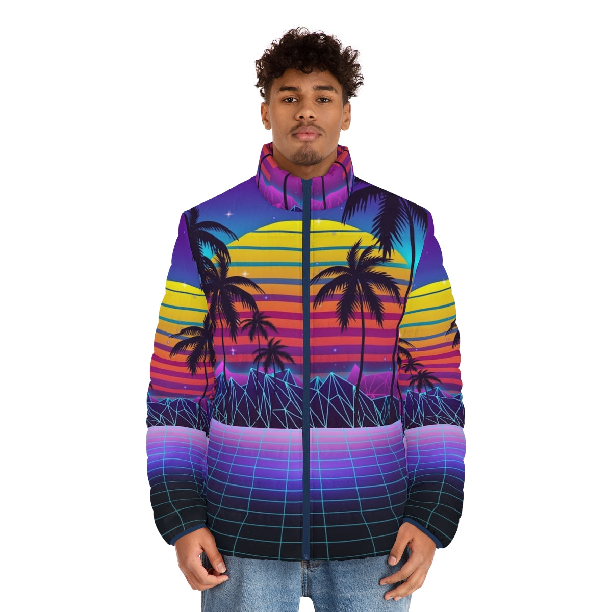 Radiant sunset synthwave puffer jacket with futuristic aesthetic - men front