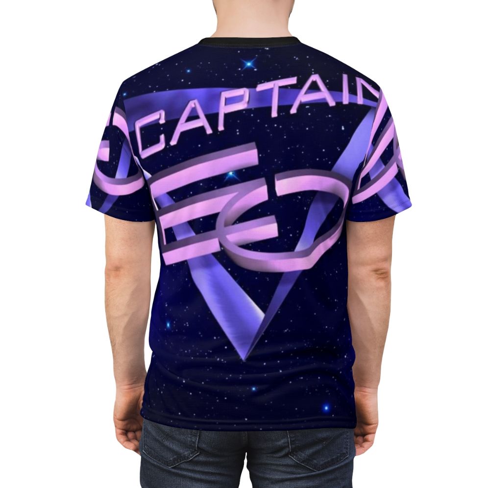 Retro 1980s sci-fi themed t-shirt with space and music elements - men back