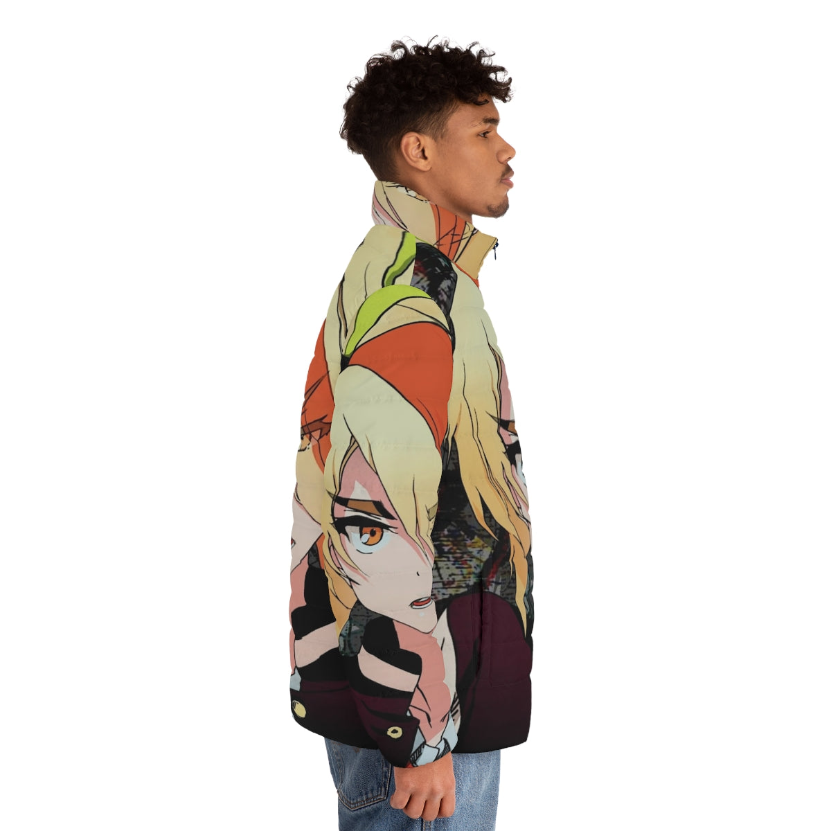 Nikaidou Saki wearing a puffer jacket with a graffiti design, from the Zombieland Saga anime series - men side right