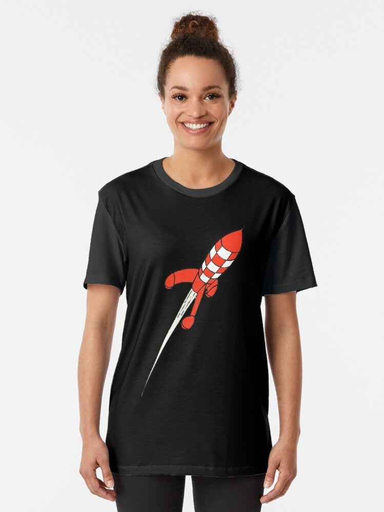 Graphic t-shirt featuring the iconic character Tintin and a rocket ship on the moon - Women