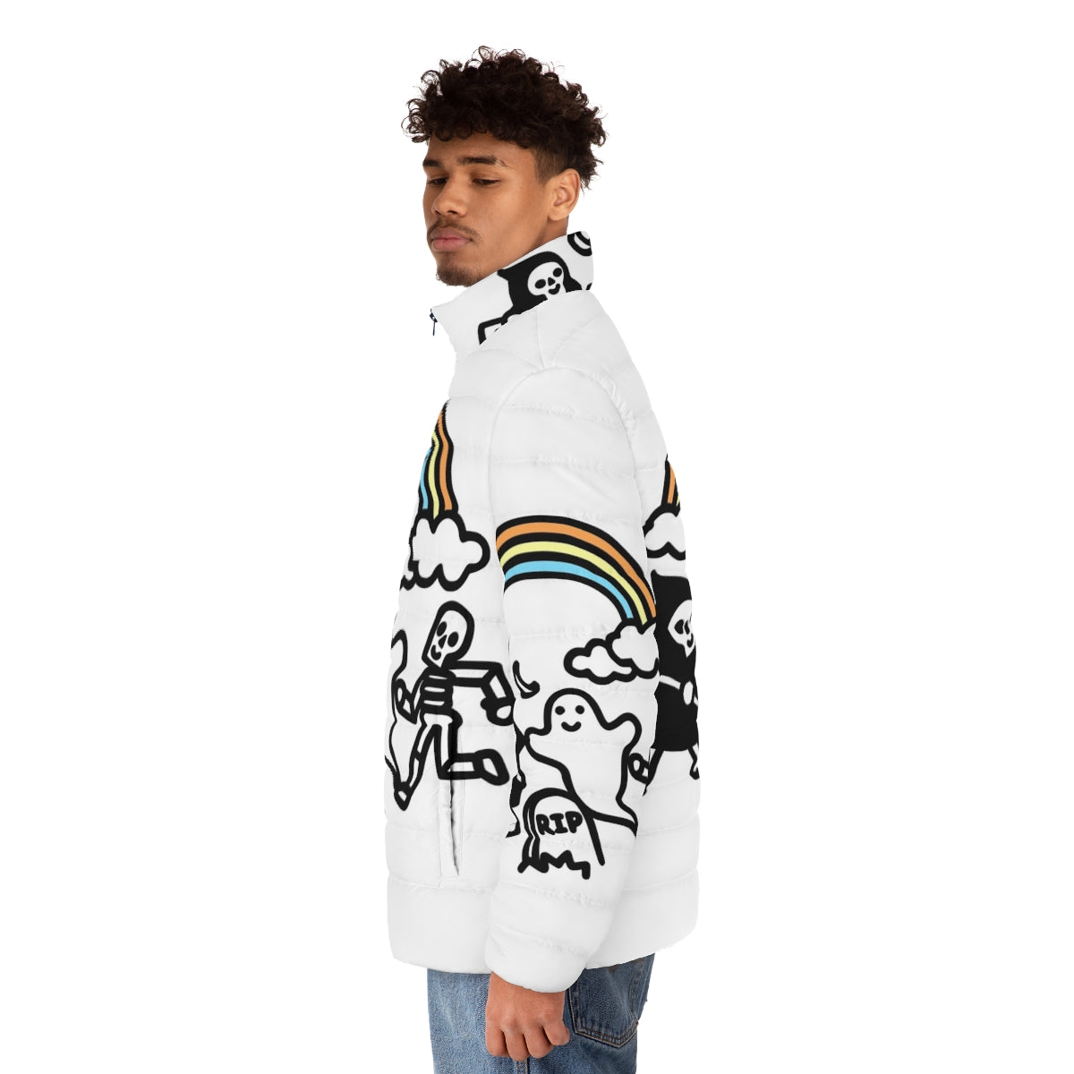 Spooky puffer jacket with skulls, ghosts, and rainbows - men side left