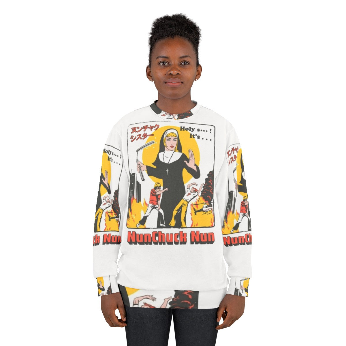 Nunchaku nun sweatshirt with retro pop culture design - women