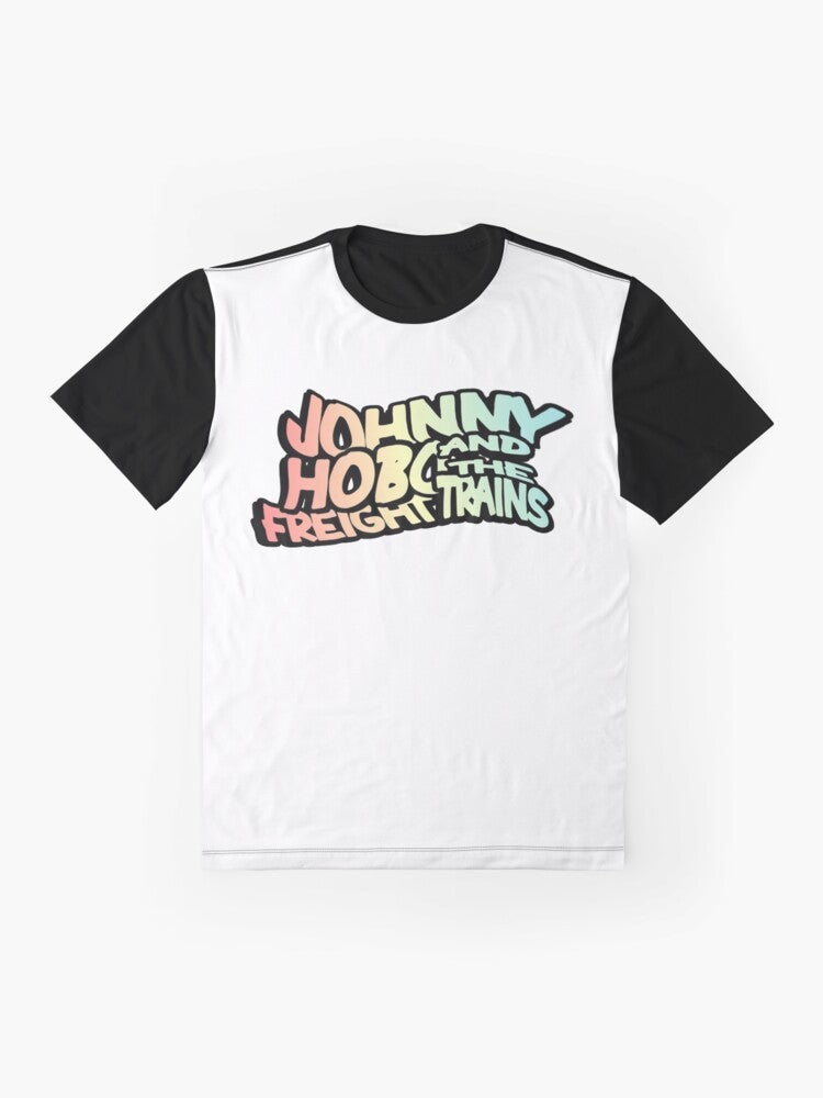 Johnny Hobo and the Freight Trains Graphic T-Shirt featuring a folk punk design with a Hobo, trains, and anarchist symbols - Flat lay