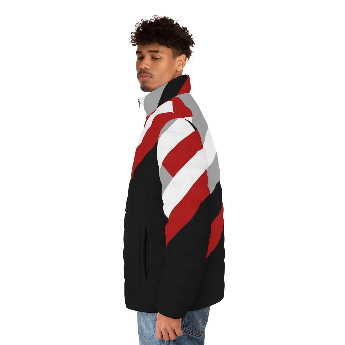 Diagonal stripes geometric pattern puffer jacket in grey, red, and white - men side left