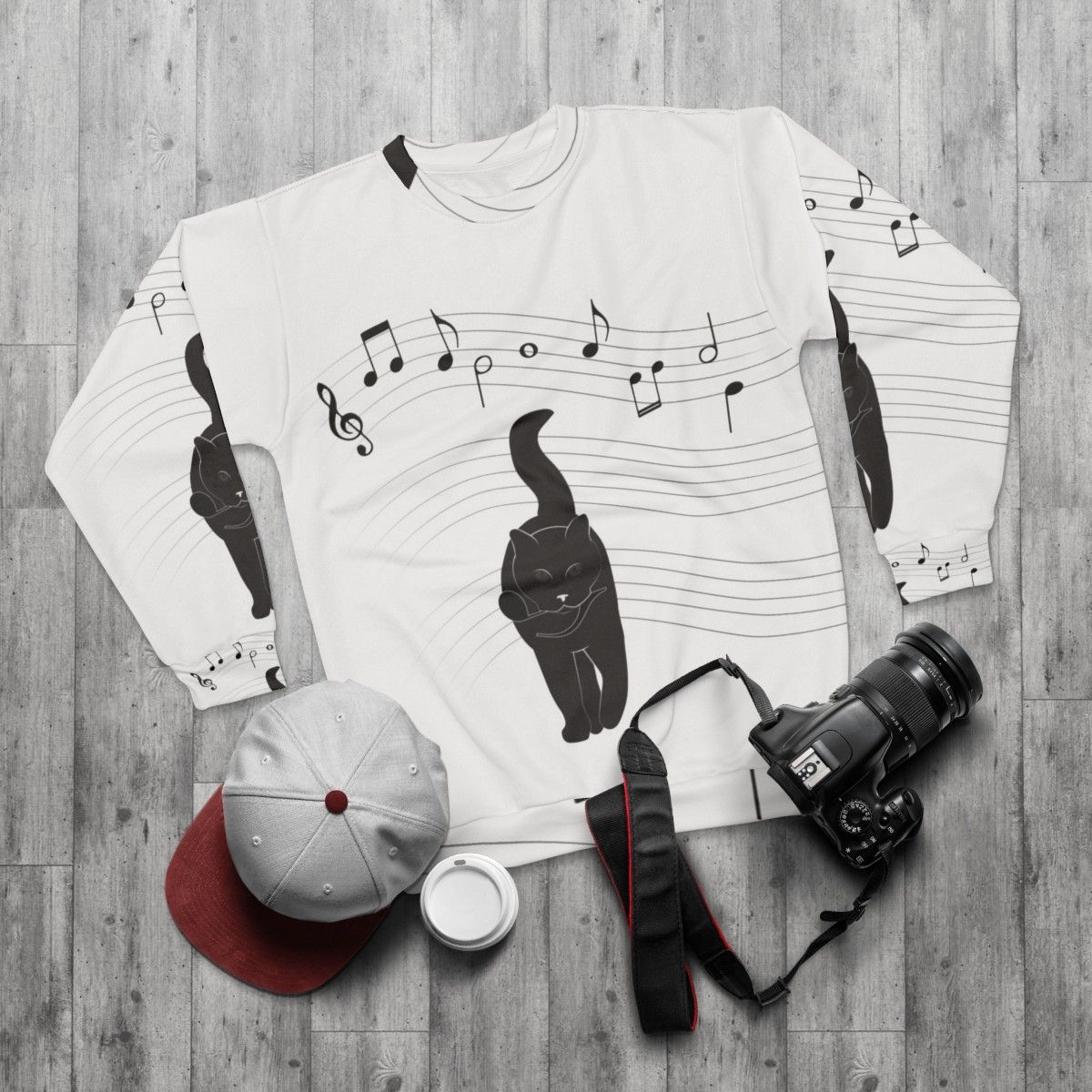 Hunter Sweatshirt with Music Notes and Cats - flat lay